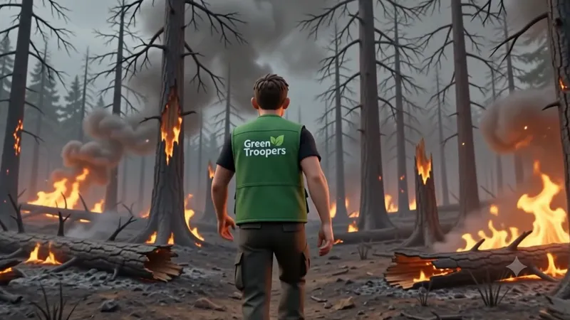A Green Trooper standing among burning trees in a damaged forest.