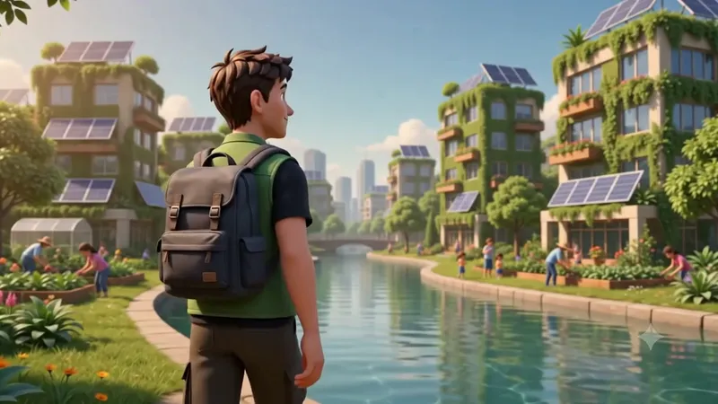 A restored green city with solar-panelled buildings beside a clean waterway.