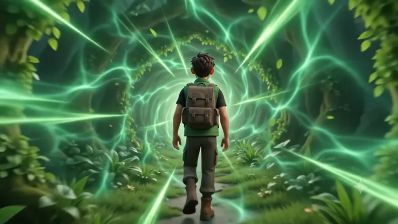Streams of green light surrounding a volunteer as vegetation returns.
