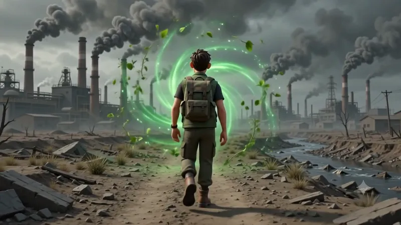 A Green Trooper walking a broken road past distant smokestacks under thick haze.