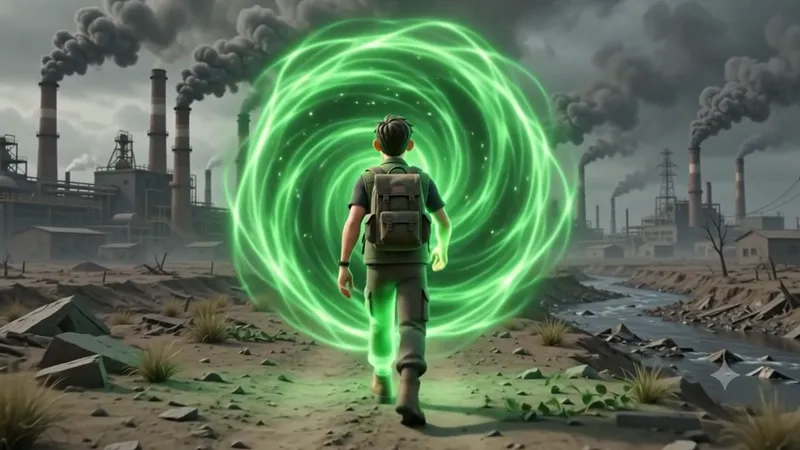 A ring of green light opening in front of a Green Trooper in an industrial wasteland.
