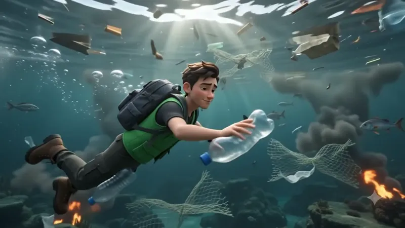 A Green Trooper underwater, reaching for a discarded plastic bottle among drifting debris.